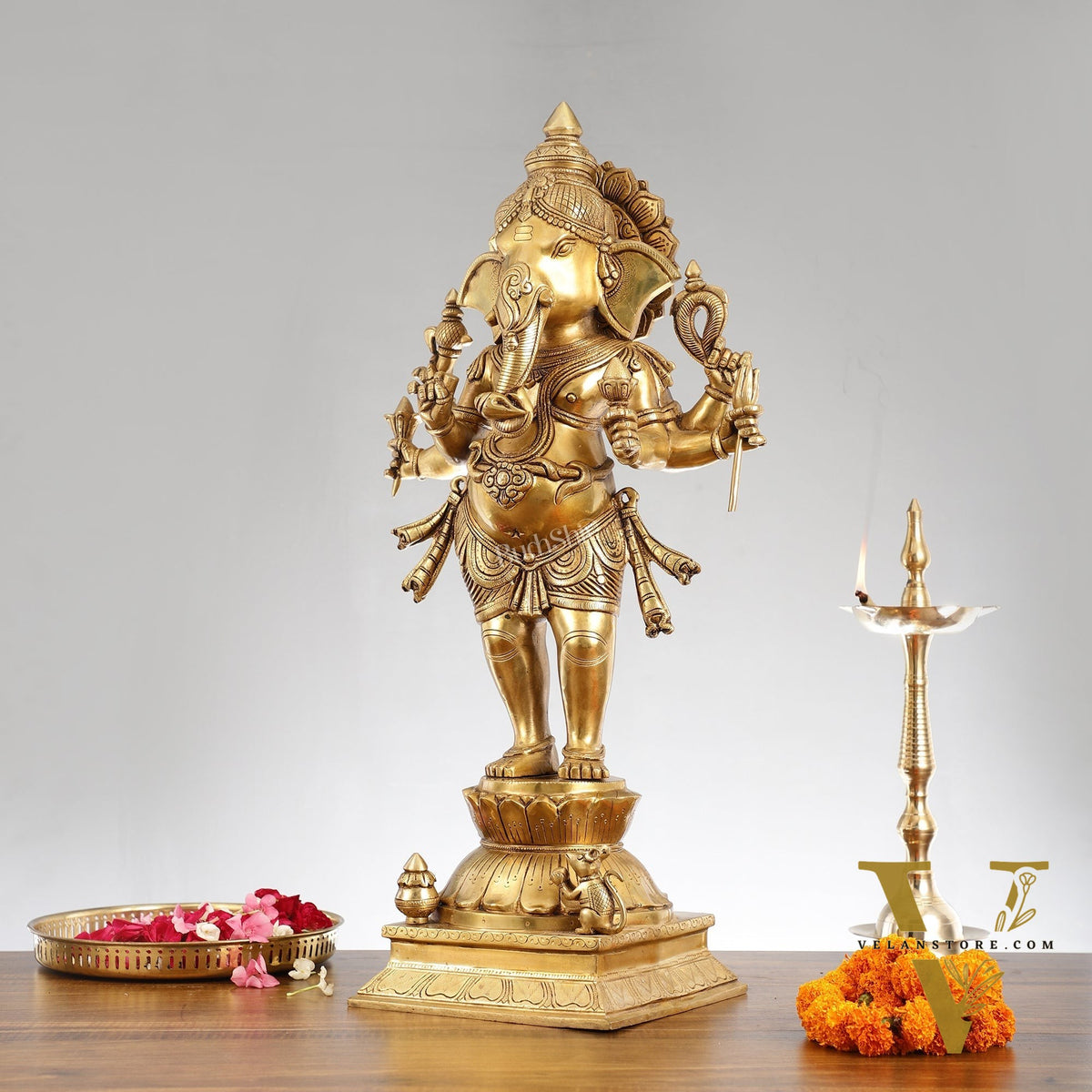 Superfine Brass Standing Ganesha Statue - 6 Arms, Shankh on Trunk - 26" Tall