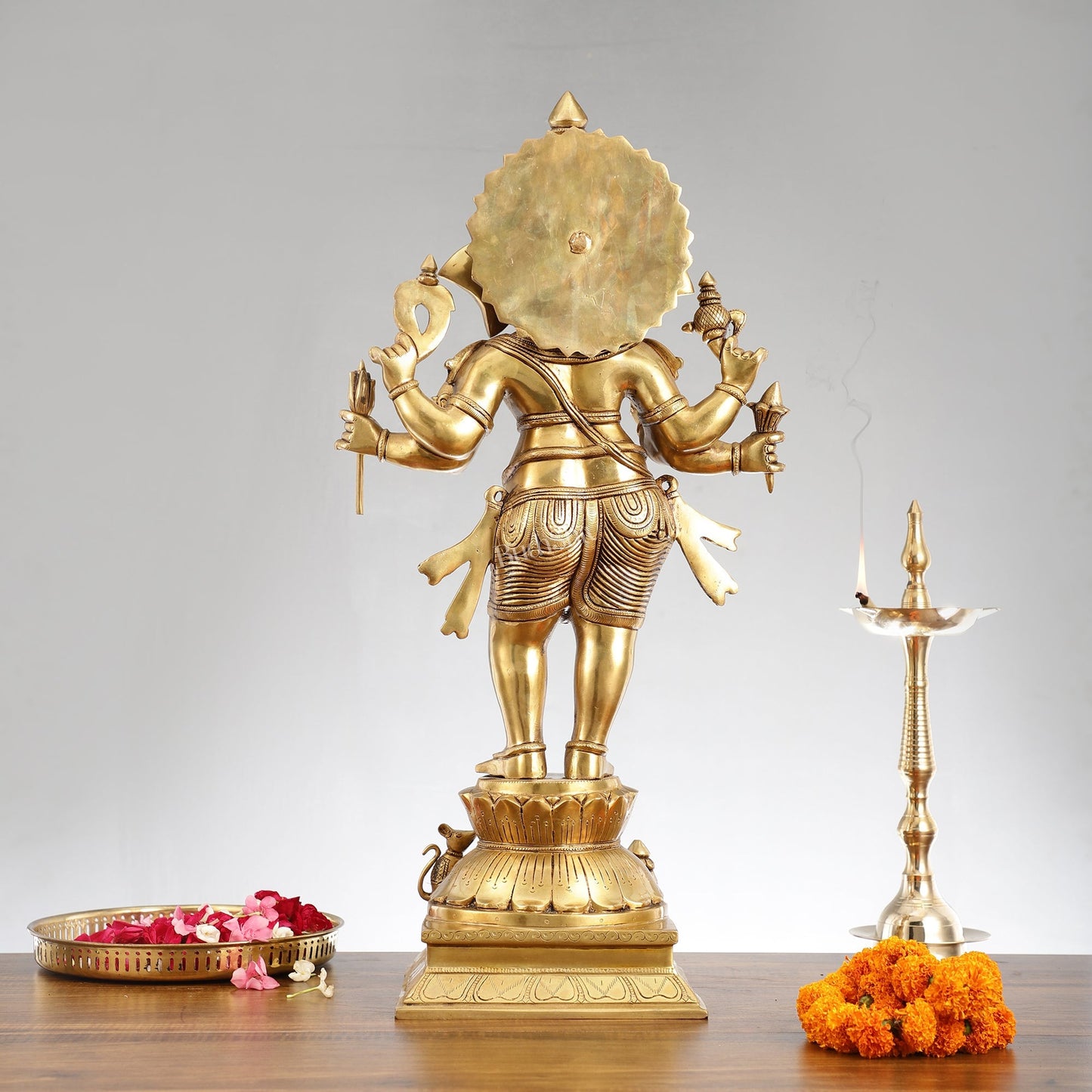 Superfine Brass Standing Ganesha Statue - 6 Arms, Shankh on Trunk - 26" Tall