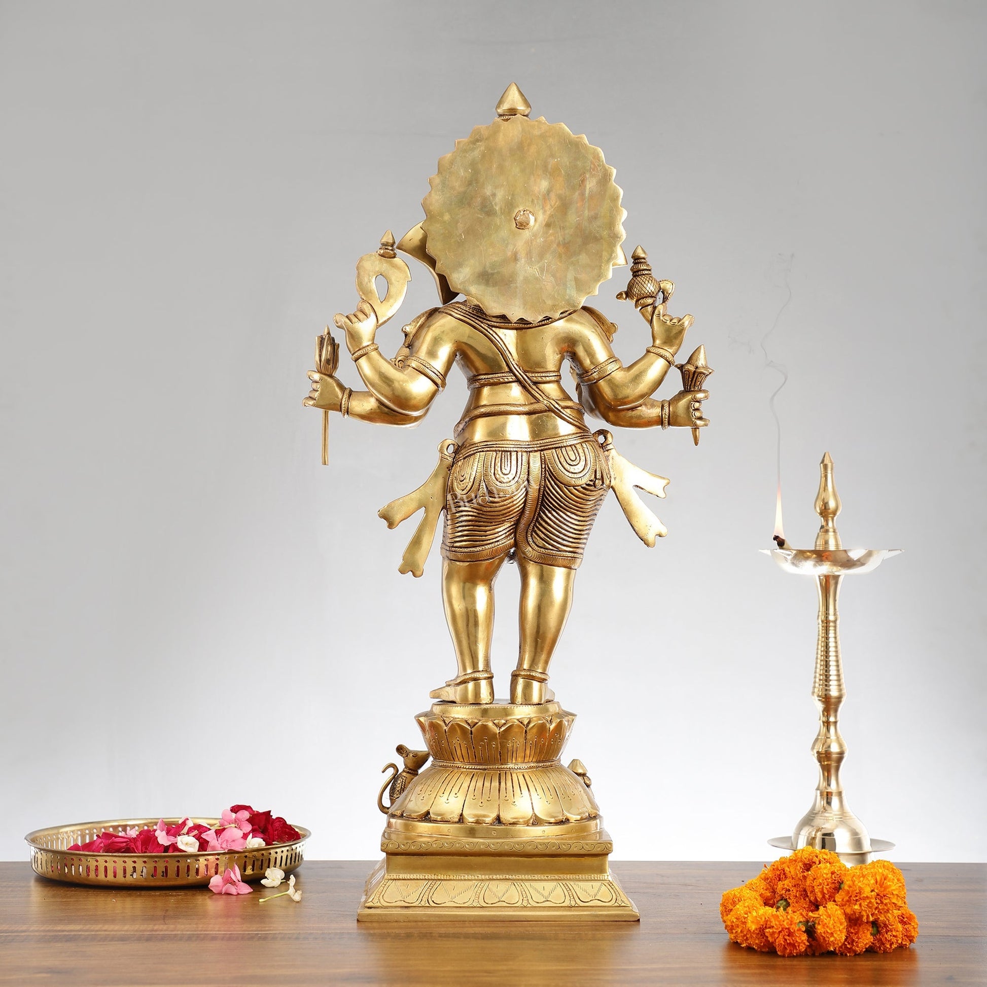 Superfine Brass Standing Ganesha Statue - 6 Arms, Shankh on Trunk - 26" Tall