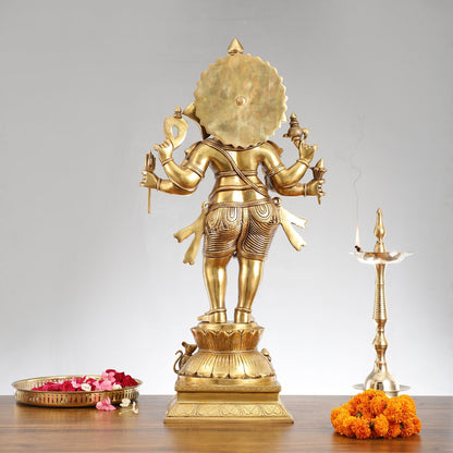 Superfine Brass Standing Ganesha Statue - 6 Arms, Shankh on Trunk - 26" Tall