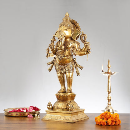 Superfine Brass Standing Ganesha Statue - 6 Arms, Shankh on Trunk - 26" Tall