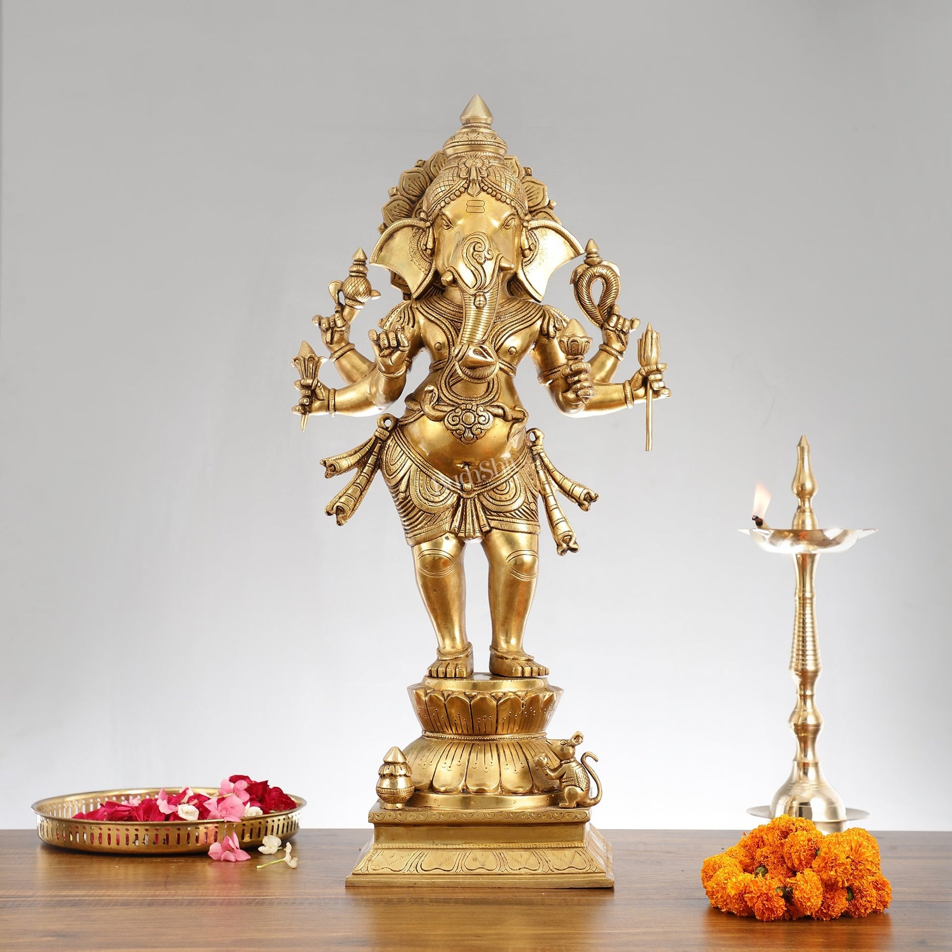 Superfine Brass Standing Ganesha Statue - 6 Arms, Shankh on Trunk - 26" Tall