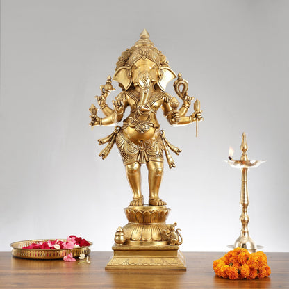 Superfine Brass Standing Ganesha Statue - 6 Arms, Shankh on Trunk - 26" Tall