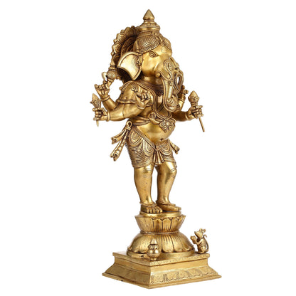 Superfine Brass Standing Ganesha Statue - 6 Arms, Shankh on Trunk - 26" Tall