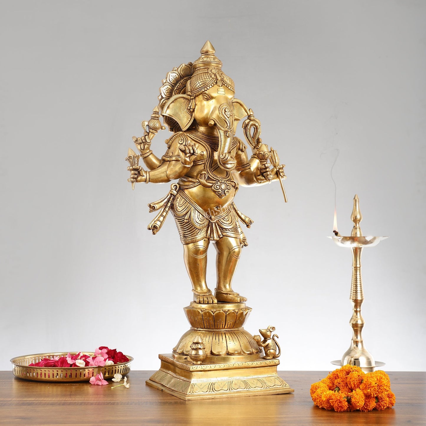 Superfine Brass Standing Ganesha Statue - 6 Arms, Shankh on Trunk - 26" Tall
