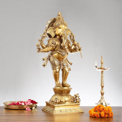 Superfine Brass Standing Ganesha Statue - 6 Arms, Shankh on Trunk - 26" Tall