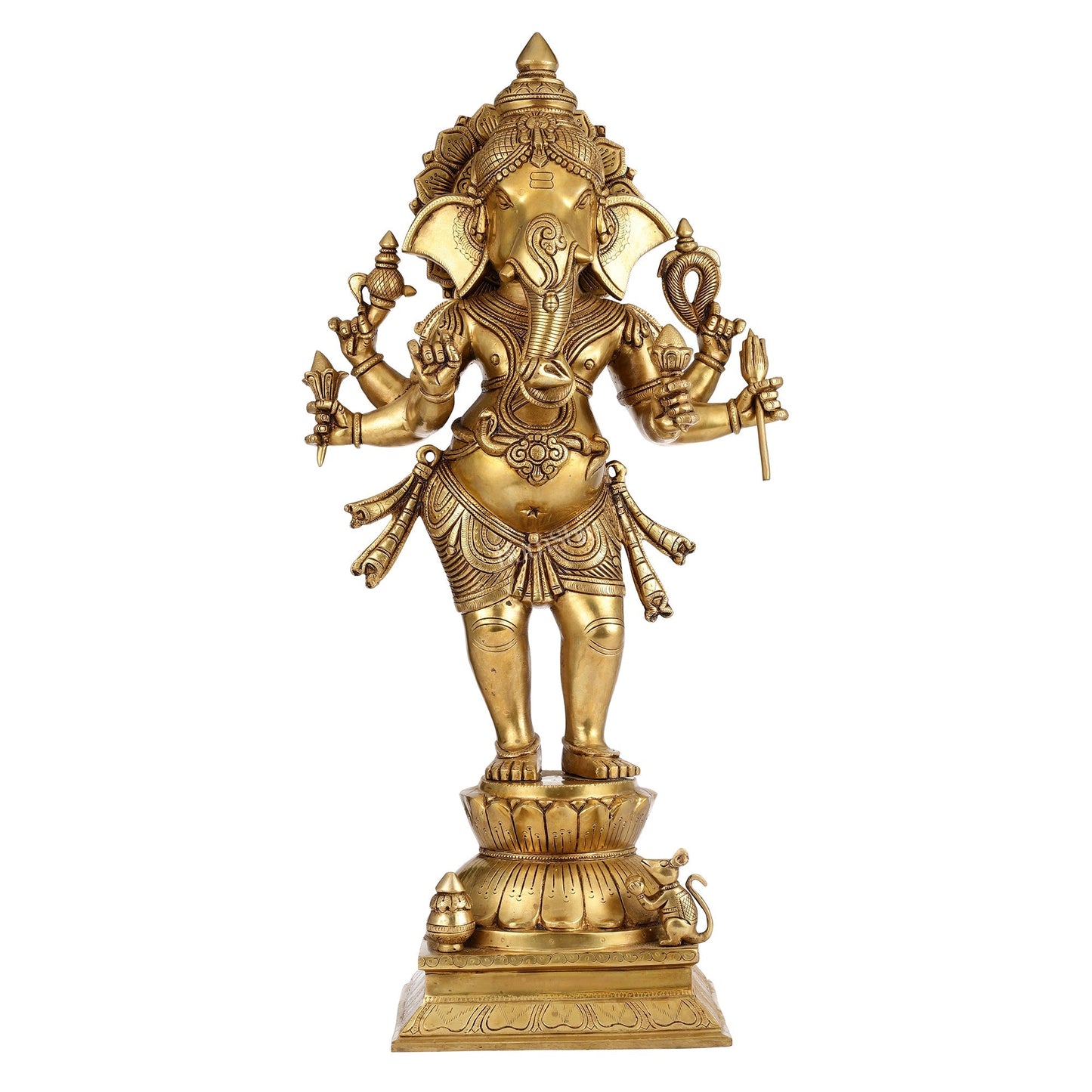 Superfine Brass Standing Ganesha Statue - 6 Arms, Shankh on Trunk - 26" Tall