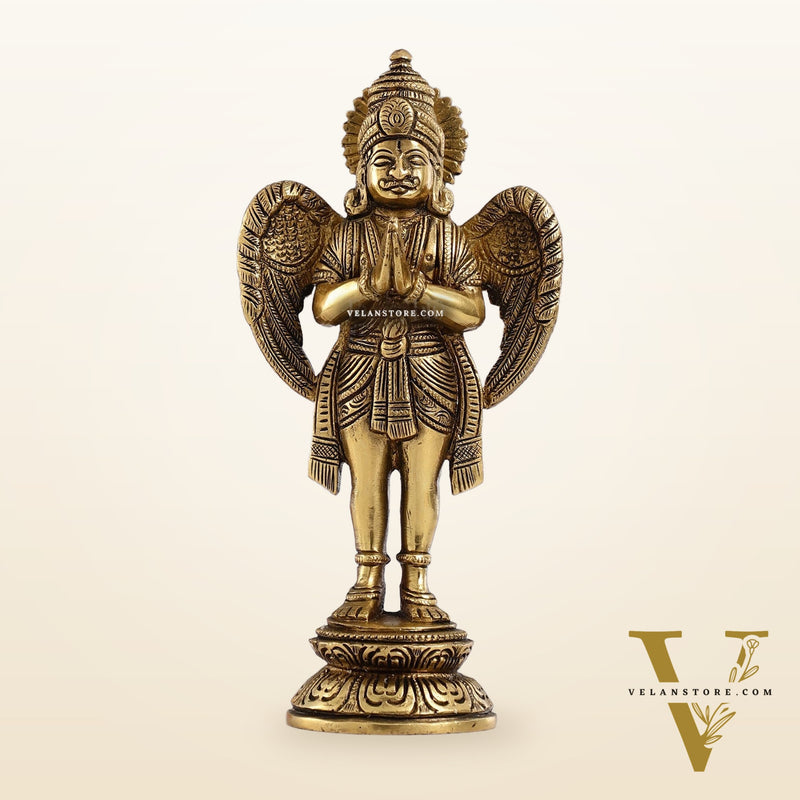 Superfine Brass Standing Garuda Idol in Namaskar Mudra 8 inch
