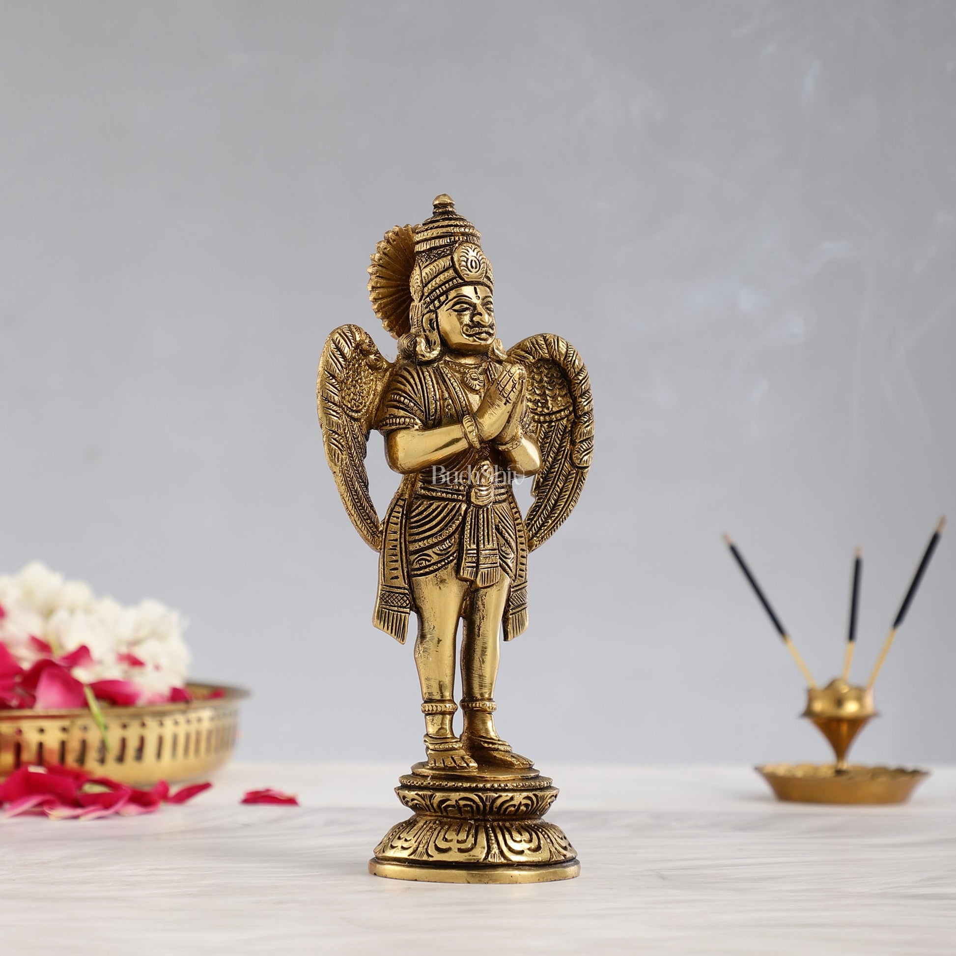 Superfine Brass Standing Garuda Idol in Namaskar Mudra 8 inch