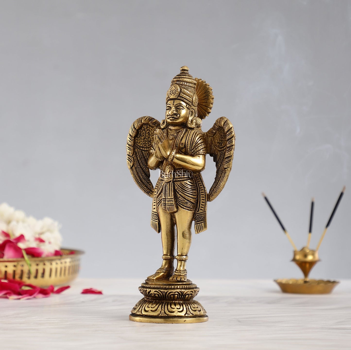 Superfine Brass Standing Garuda Idol in Namaskar Mudra 8 inch