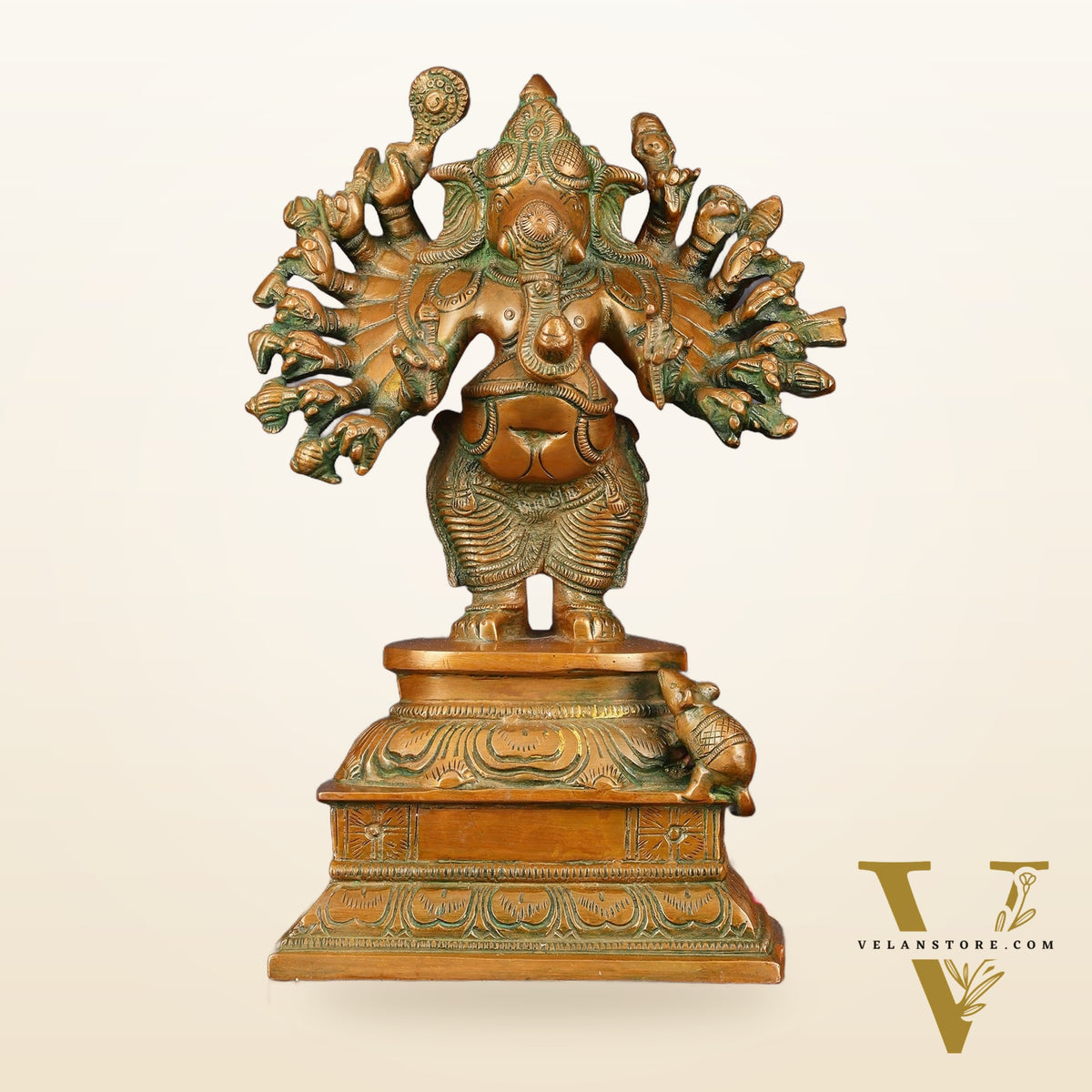 Superfine Brass Standing Lord Ganesha Idol with 16 Arms - 8.5" Antique Bronze Tone