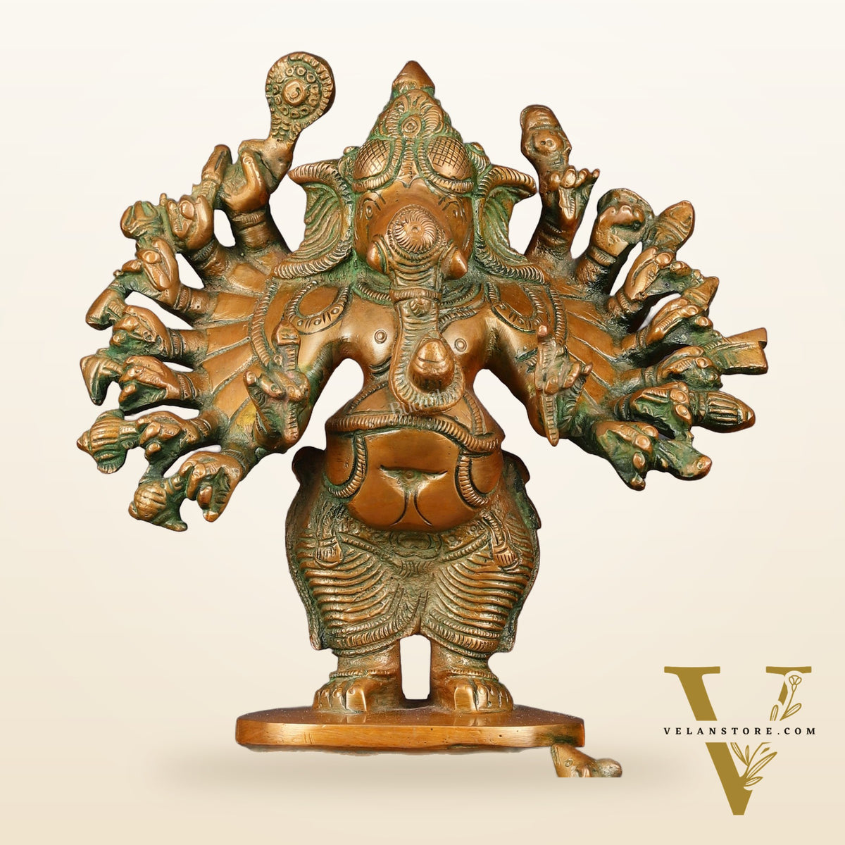 Superfine Brass Standing Lord Ganesha Idol with 16 Arms - 8.5" Antique Bronze Tone