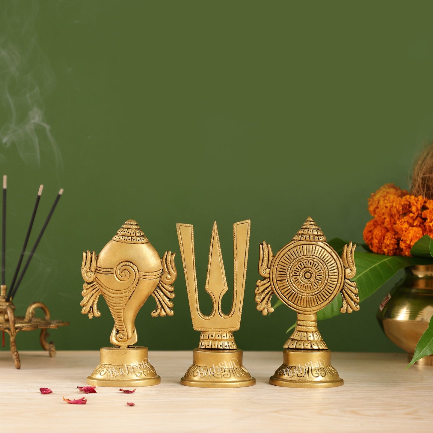 Superfine Brass Symbols of Lord Tirupati Balaji - Shankh, Chakra, Namah Tilak |  6"