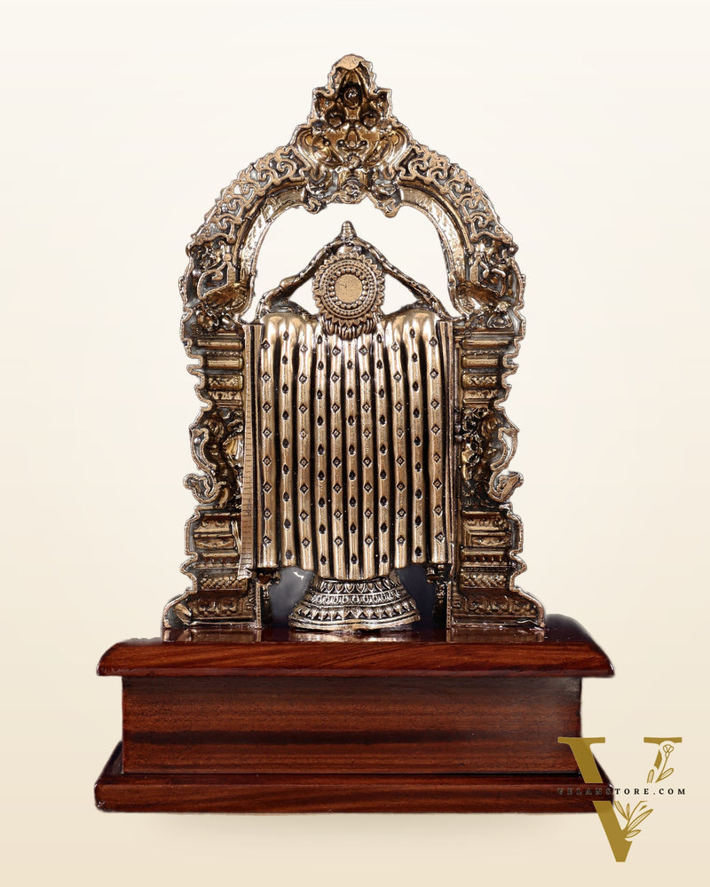 Superfine Brass Tirupati Balaji Idol on Wooden Base – 7.5 Inch