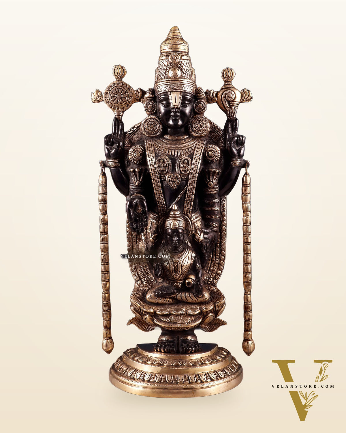 Superfine Brass Tirupati Balaji & Padmavati Idol | Antique Black & Gold Tone 20"