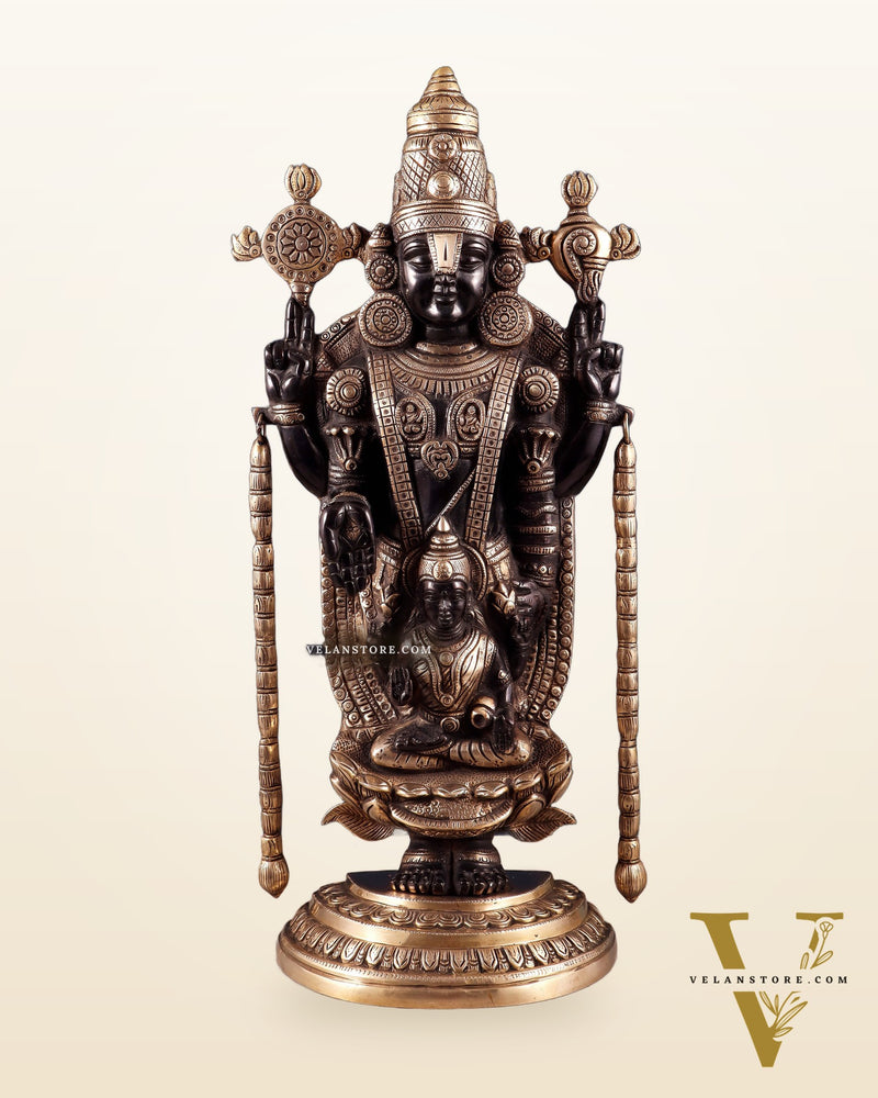Superfine Brass Tirupati Balaji & Padmavati Idol | Antique Black & Gold Tone 20"