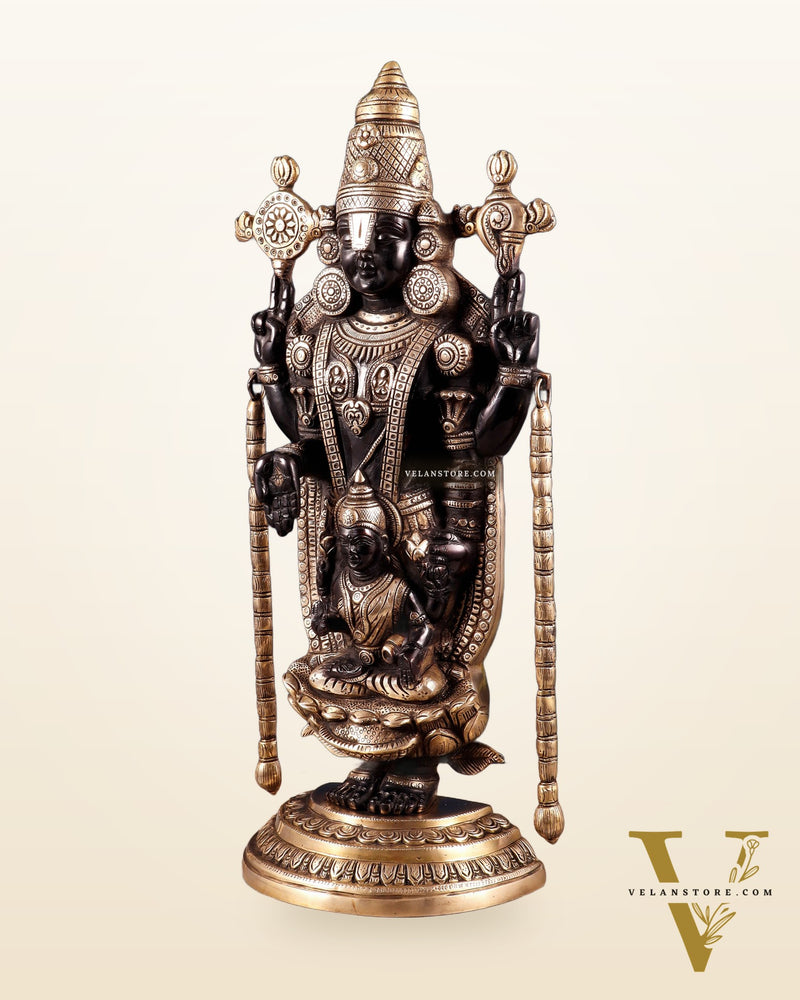 Superfine Brass Tirupati Balaji & Padmavati Idol | Antique Black & Gold Tone 20"