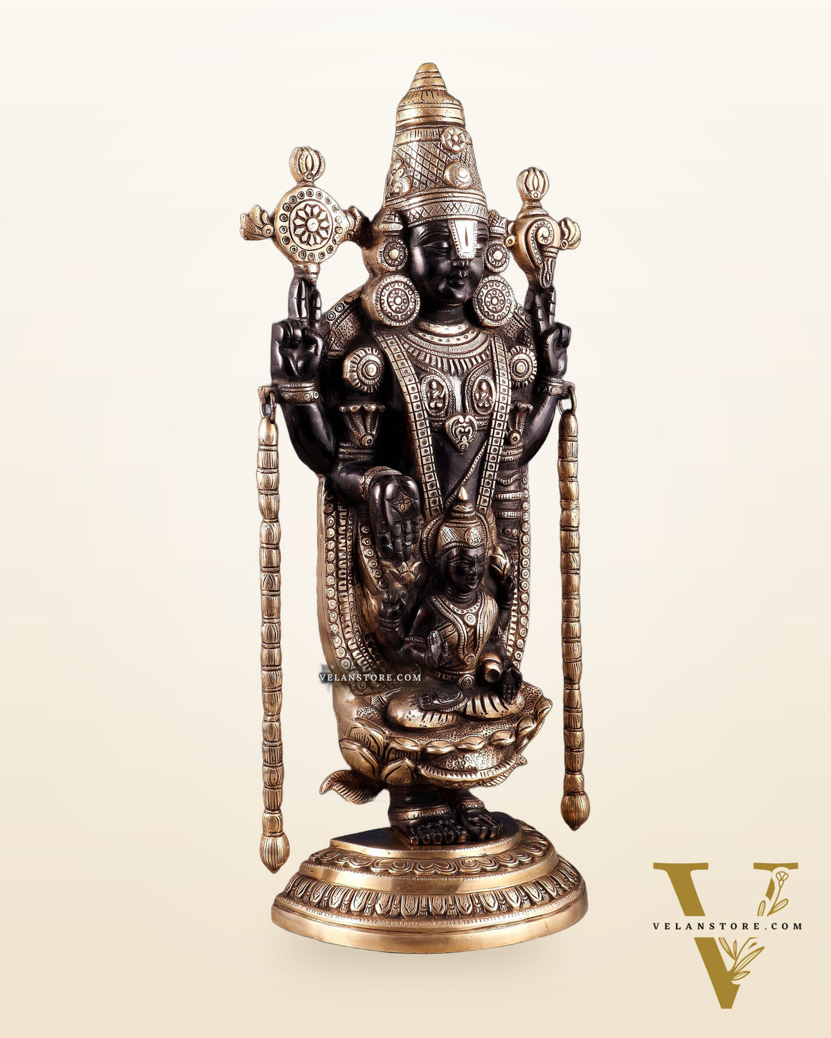 Superfine Brass Tirupati Balaji & Padmavati Idol | Antique Black & Gold Tone 20"