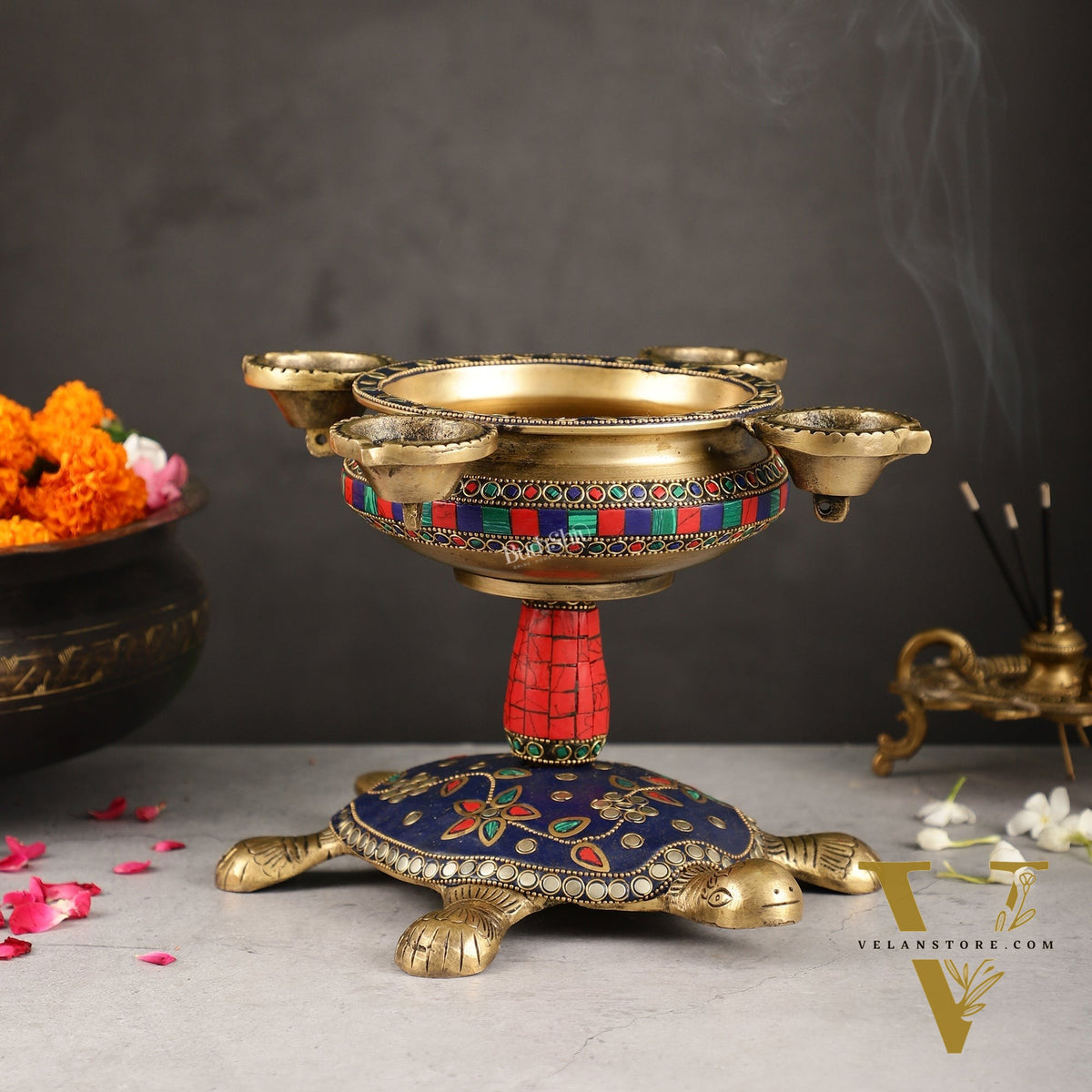 Superfine Brass Tortoise Urli with Diyas 7.5 inch