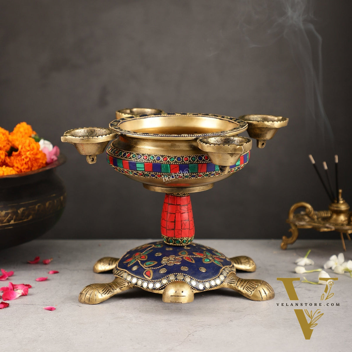 Superfine Brass Tortoise Urli with Diyas 7.5 inch