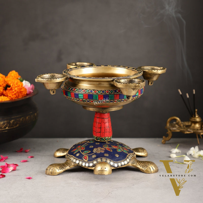 Superfine Brass Tortoise Urli with Diyas 7.5 inch