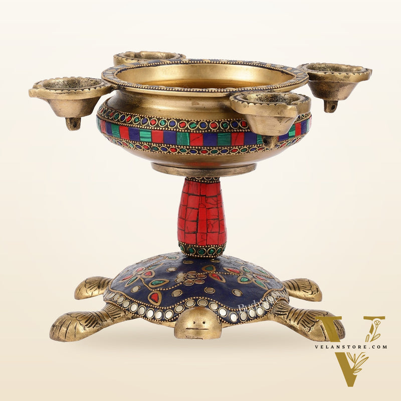 Superfine Brass Tortoise Urli with Diyas 7.5 inch