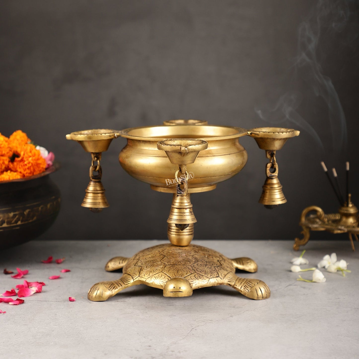 Superfine Brass Tortoise Urli with Diyas 7.5 inch