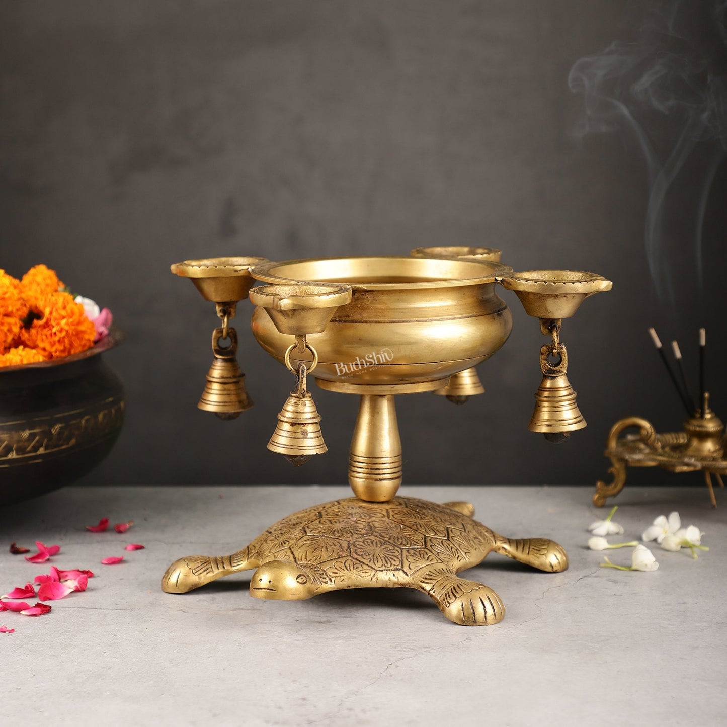 Superfine Brass Tortoise Urli with Diyas 7.5 inch