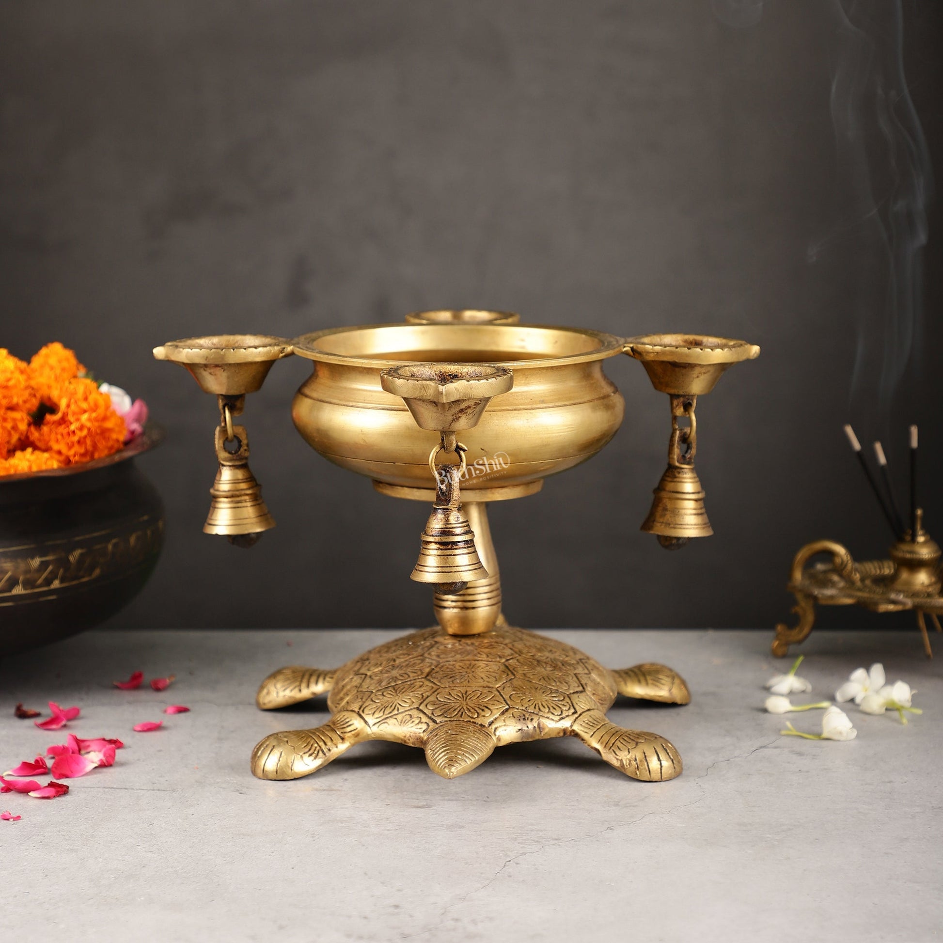 Superfine Brass Tortoise Urli with Diyas 7.5 inch