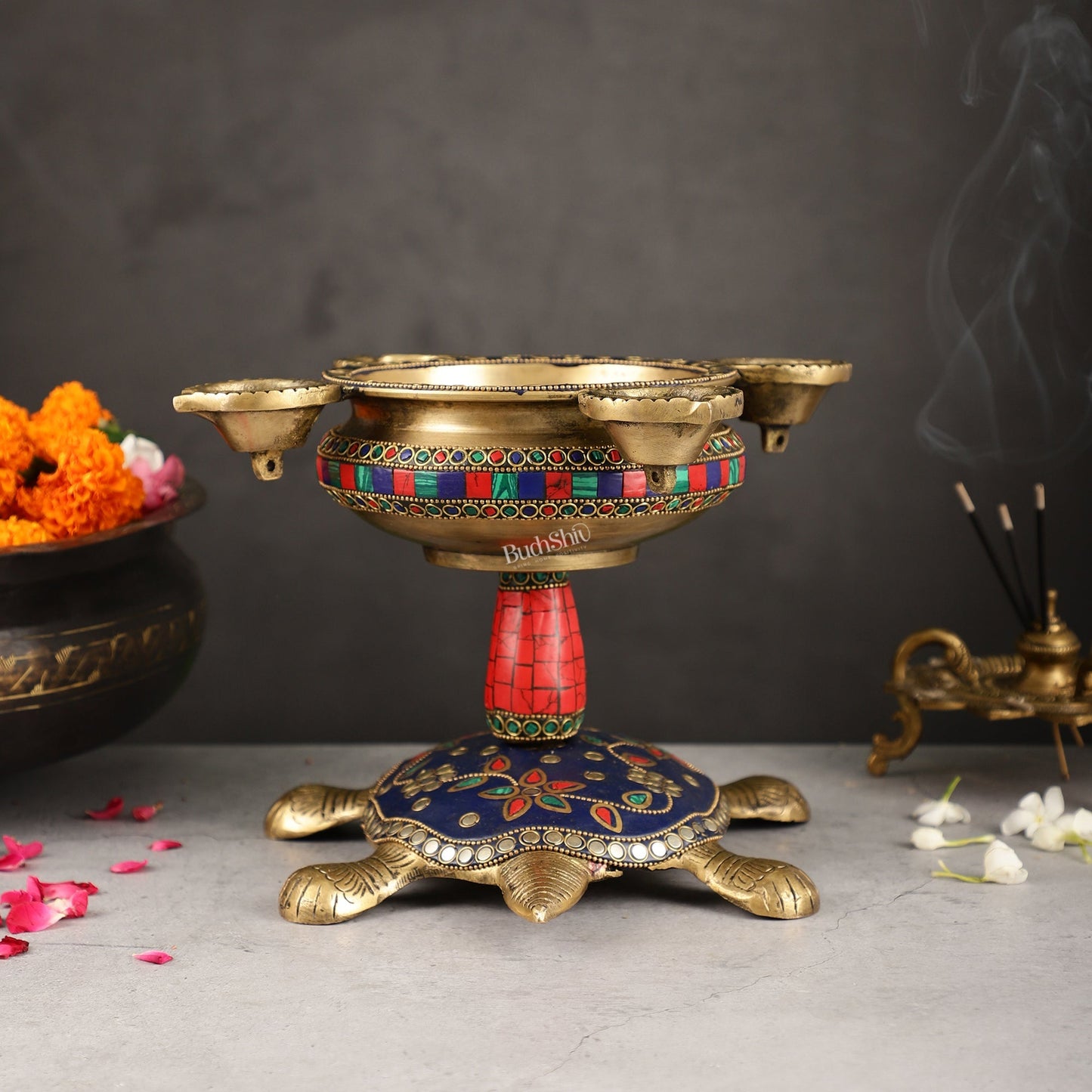 Superfine Brass Tortoise Urli with Diyas 7.5 inch