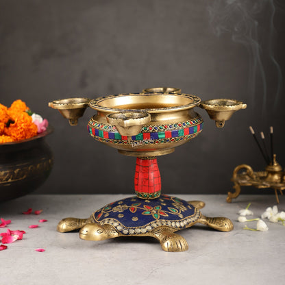 Superfine Brass Tortoise Urli with Diyas 7.5 inch
