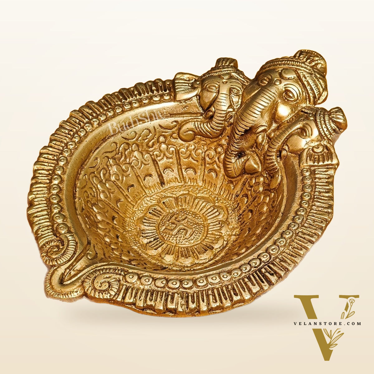 Superfine Brass Trimukh Ganapati Diya with Bowl