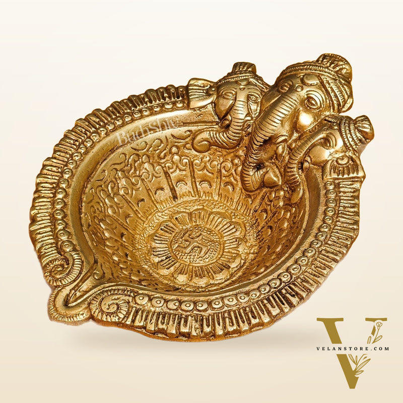 Superfine Brass Trimukh Ganapati Diya with Bowl