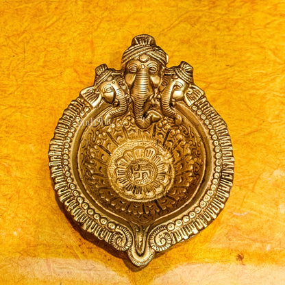 Superfine Brass Trimukh Ganapati Diya with Bowl