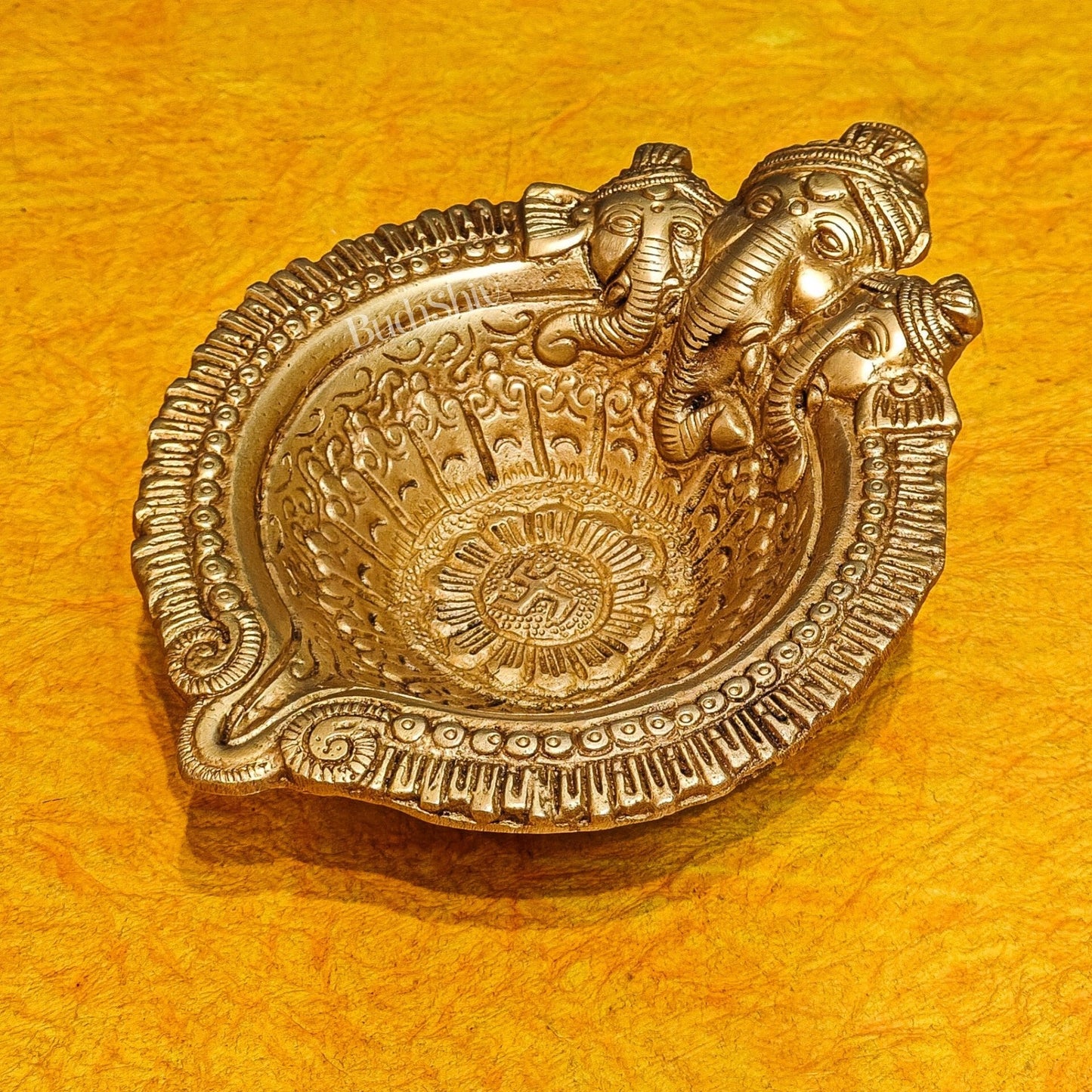 Superfine Brass Trimukh Ganapati Diya with Bowl