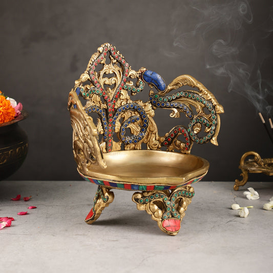 Superfine Brass Urli Lamp with Stonework - 9 Inch