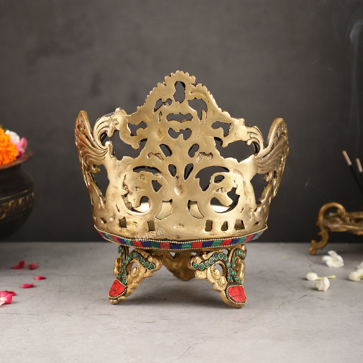 Superfine Brass Urli Lamp with Stonework - 9 Inch