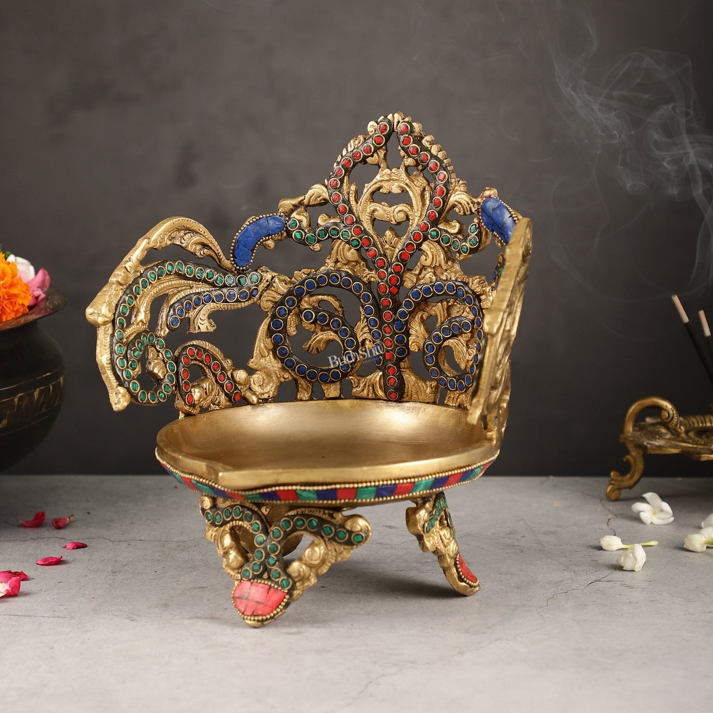 Superfine Brass Urli Lamp with Stonework - 9 Inch