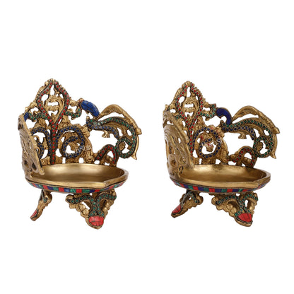 Superfine Brass Urli Lamp with Stonework pair - 9 Inch