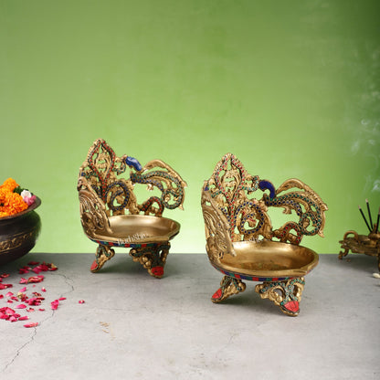 Superfine Brass Urli Lamp with Stonework pair - 9 Inch