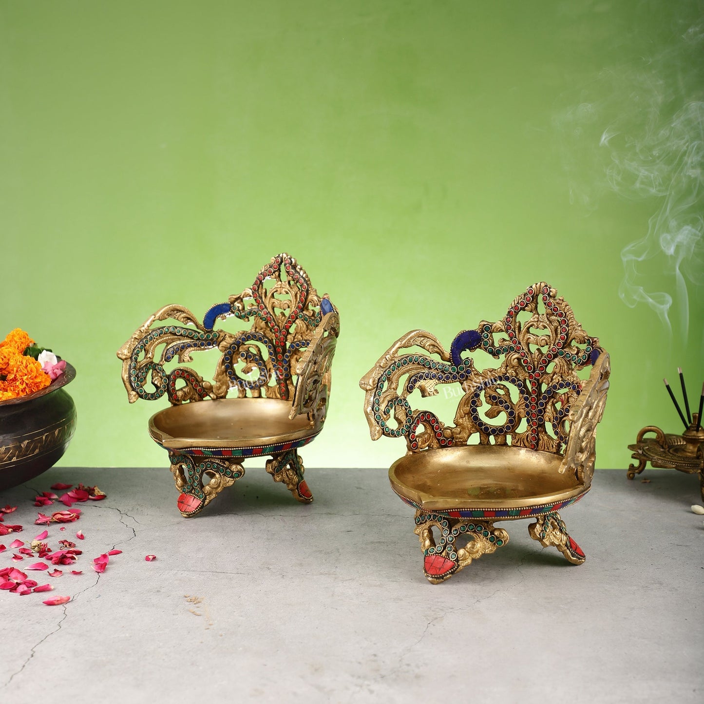 Superfine Brass Urli Lamp with Stonework pair - 9 Inch