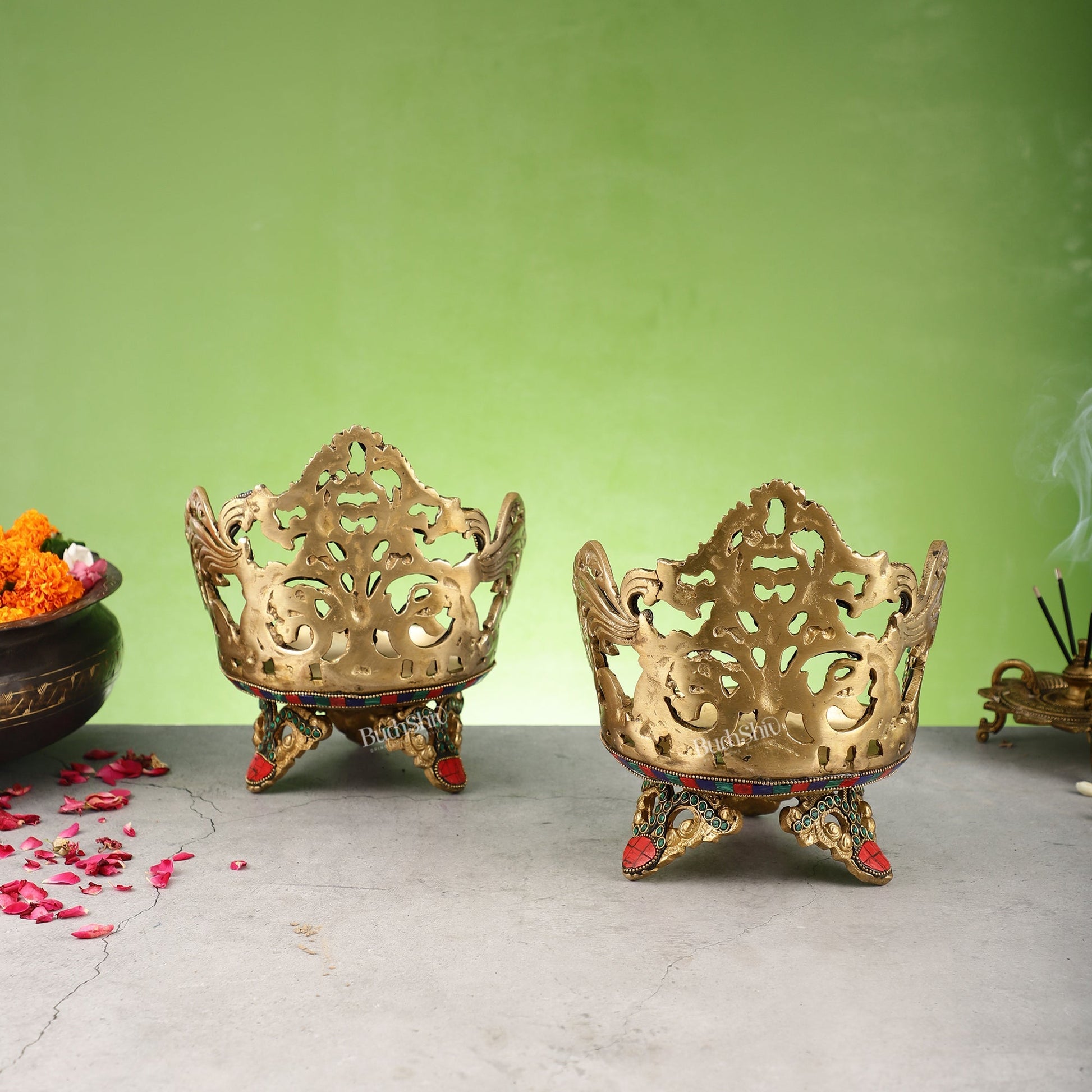 Superfine Brass Urli Lamp with Stonework pair - 9 Inch