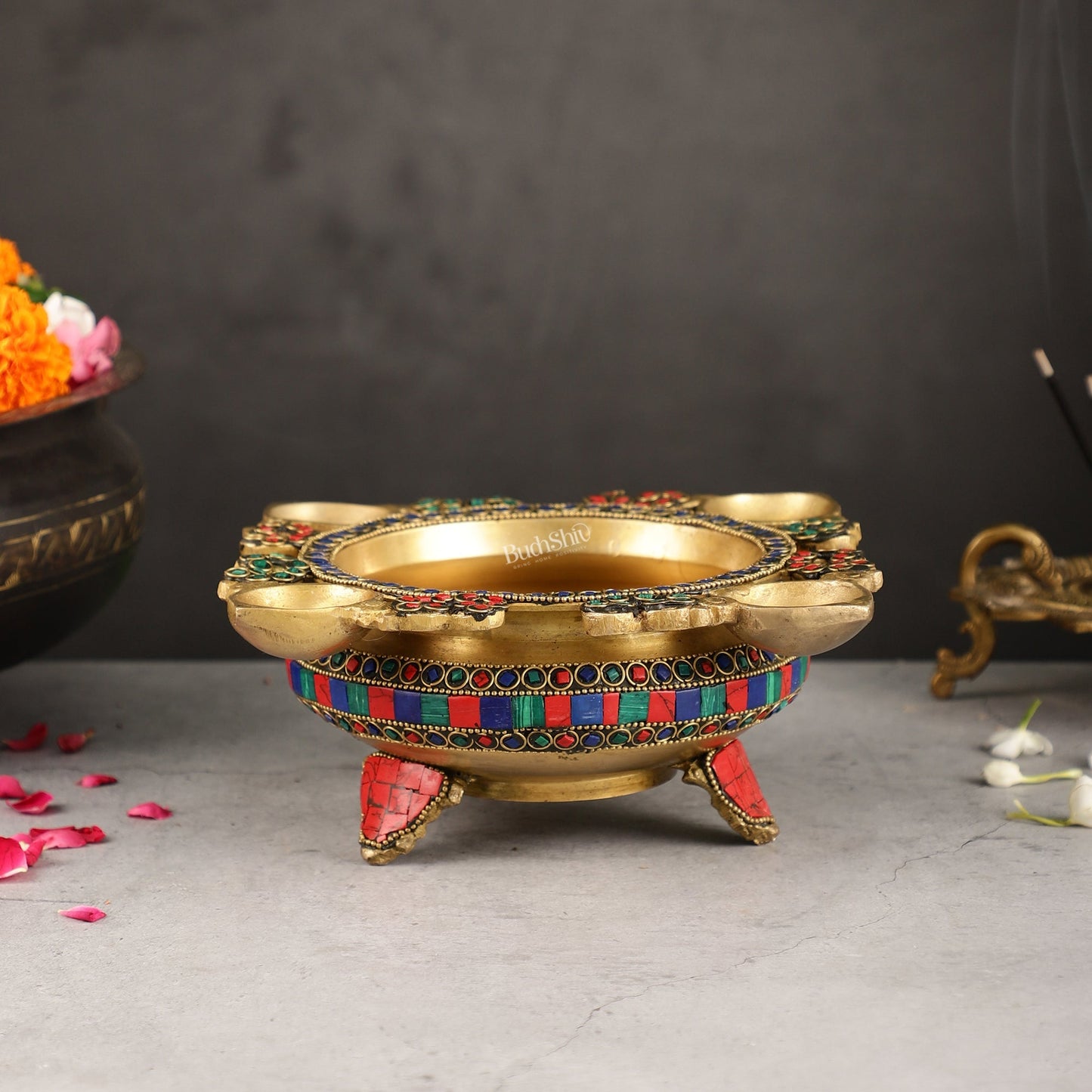 Superfine Brass Urli with Diyas 9.5 inch