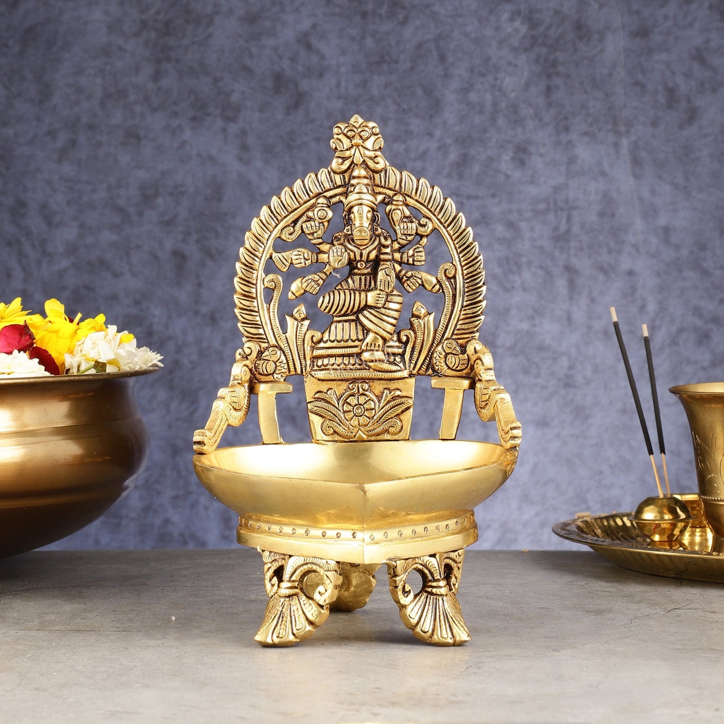 Superfine Brass Varahi Vilakku Oil Lamp Diya 9 inch