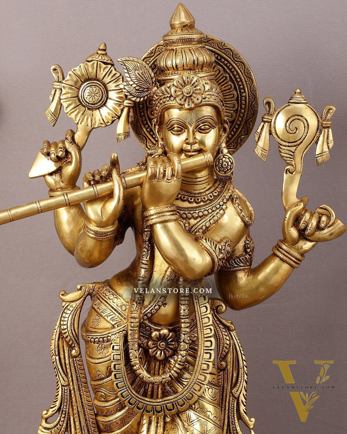 Superfine Brass Vishnu roopam Krishna Sculpture with Four Arms - 32.5 Inch