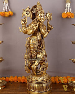 Superfine Brass Vishnu roopam Krishna Sculpture with Four Arms - 32.5 Inch