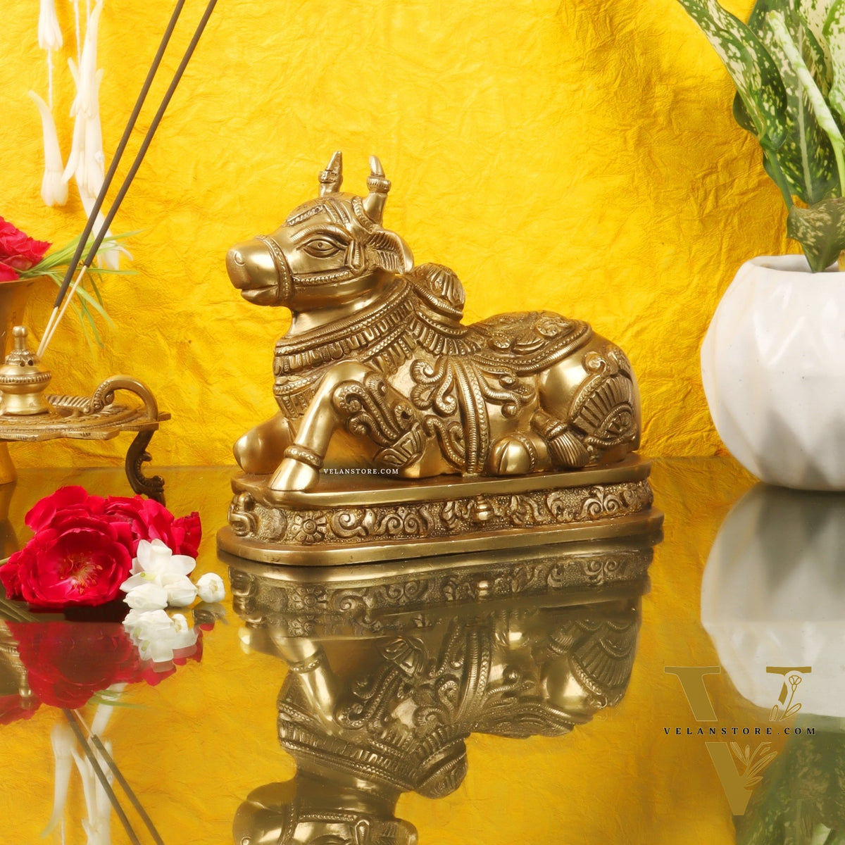 Superfine Engraved Brass Nandi idol - 6.5" Height