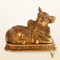Superfine Engraved Brass Nandi idol - 6.5" Height