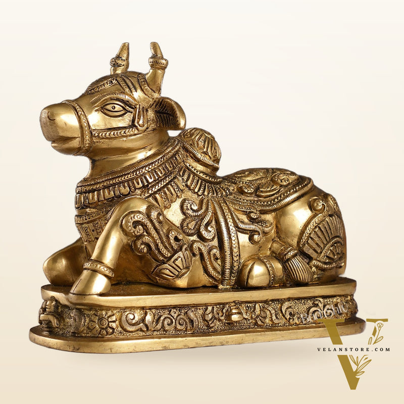 Superfine Engraved Brass Nandi idol - 6.5" Height