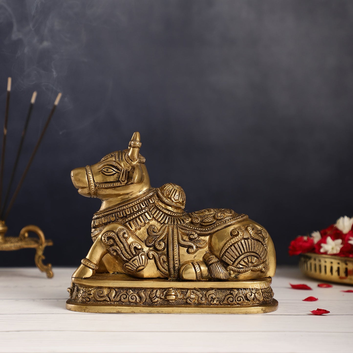 Superfine Engraved Brass Nandi idol - 6.5" Height
